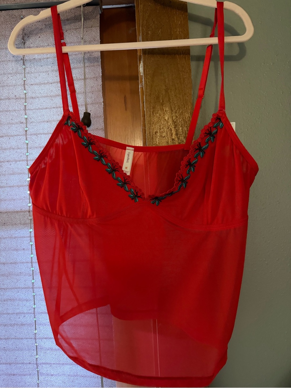 Anthropologie Red Sheer Embroidered V-Neck Camisole
